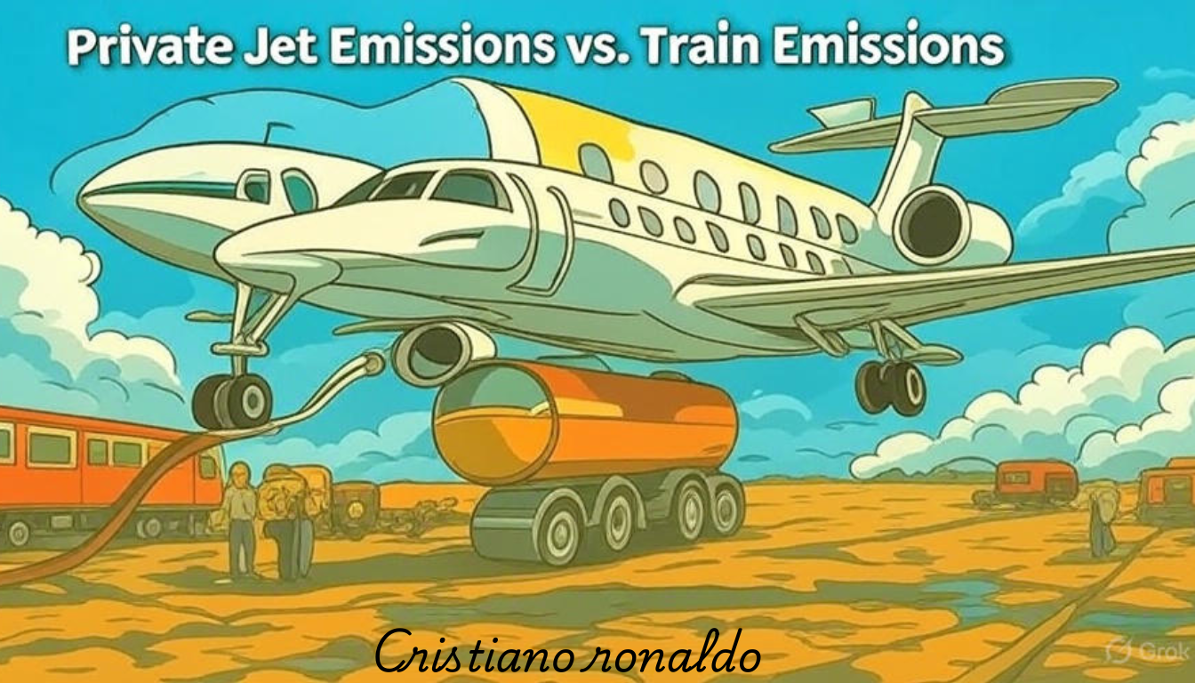 The Sky High Fuel Bill: Inside Cristiano Ronaldo's $2 Million Annual Jet Fuel Costs 3 Protest graphic comparing private jet vs. train emissions